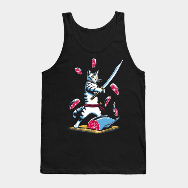 Kawaii Cat Anime Japanese Retro Samurai Novelty Funny Cat Tank Top by KsuAnn